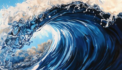 The illustration shows a large wave curling over with white foam and blue water, painted in a thick impasto style.