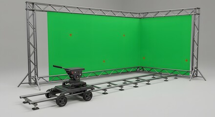Studio Filmmaking Setup: Dolly Track System with Green Screen Background for Professional Video Production