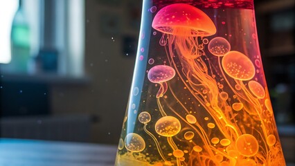 Abstract Liquid Motion Lamp with Glowing Orbs and Vibrant Colors Creating a Mesmerizing Visual Display.