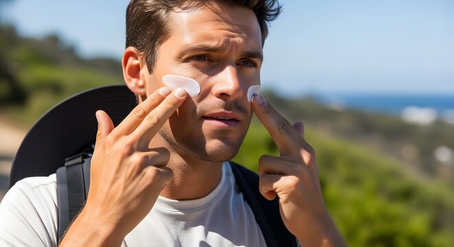 Man applying sunscreen to his face outdoors with a backpack on a sunny day near the ocean view
