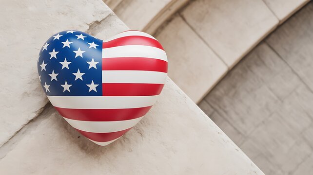 Photo of a heart adorned with the american flag is positioned on a stone ledge, evoking feelings of patriotism and love for the united states - Powered by Adobe