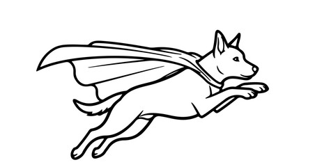Illustration of a super dog wearing a cape, , in a simple black and white style