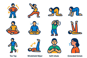 The image is a collection of different yoga poses, each with a different name