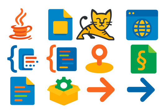 Java Web Icons. Flat vector icons of Java Web Development: servlet icon, JSP file, Tomcat server, HttpServletRequest, response