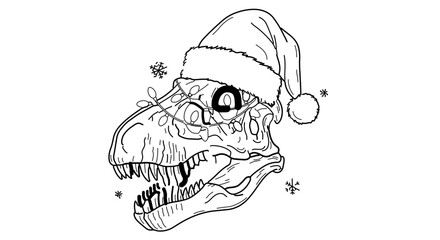 Christmas dinosaur skull with santa hat and string lights, festive holiday illustration