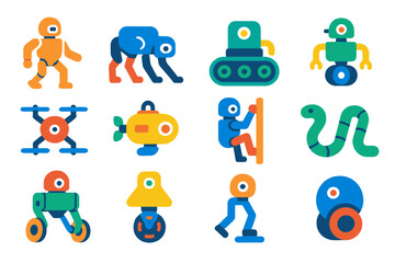 Robotic Locomotion Icons. Flat vector icons of robot locomotion types: biped walking, quadruped robot, tracked movement, wheeled