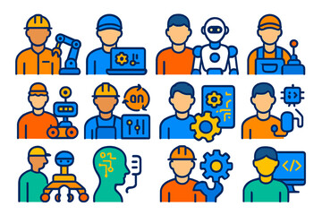 Fototapeta premium Robotics Career Icons. Flat vector icons of robotic careers: robotics engineer, automation technician, mechatronics specialist,