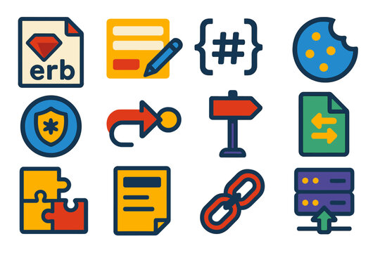 Ruby Web Development Icons. Flat vector icons of Ruby web development: HTML ERB file, form helper, params hash, session cookie,
