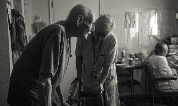 Two elderly people interacting in a domestic setting
