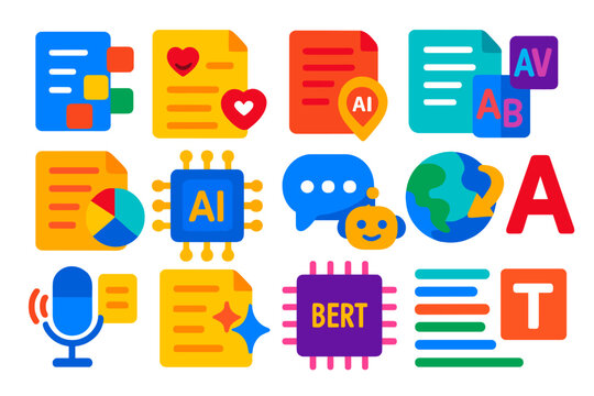 AI Flat Icons. Flat vector icons of AI in natural language processing: tokenization, sentiment analysis, named entity recognition,