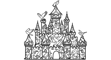 Fototapeta premium Castle with birds fairytale kingdom with flying doves illustration