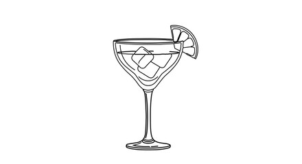 Hand drawn cocktail glass with ice and orange slice