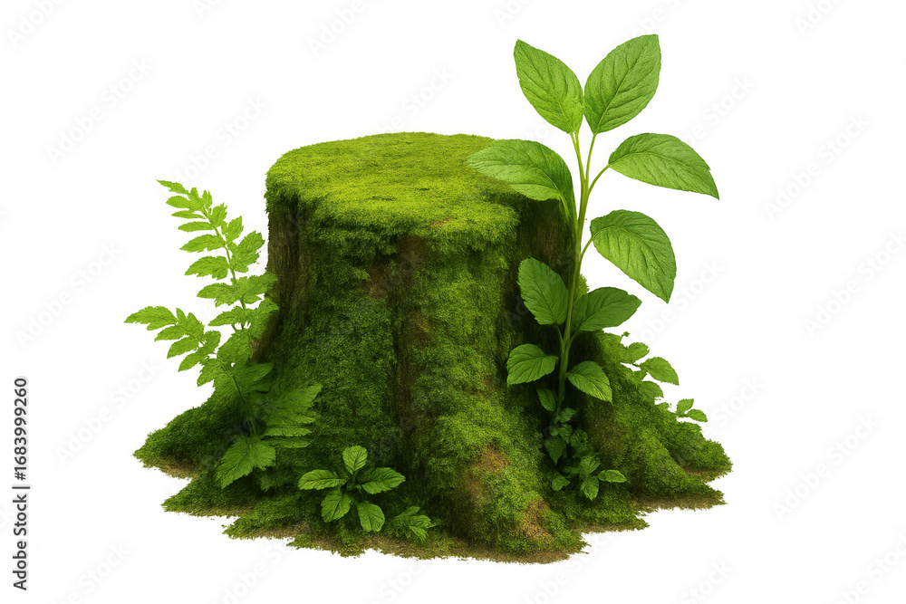 Poster 3d rendering featuring a moss-covered tree stump surrounded by ferns and various plants, isolated ag