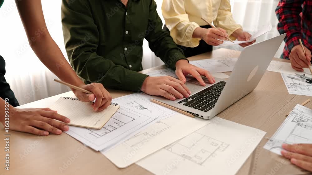 Poster architect and engineer consulting construction detail blueprint display in laptop on table with arch