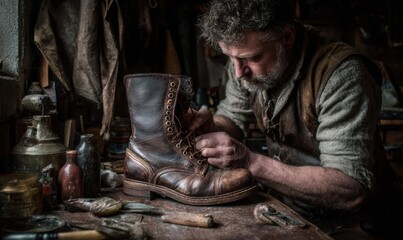 A cobbler meticulously repairs a work boot