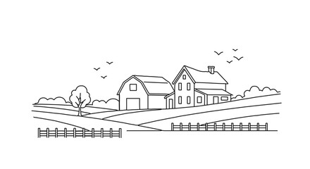 Naklejka premium Black and white drawing of a farm landscape with barn, house, and fence