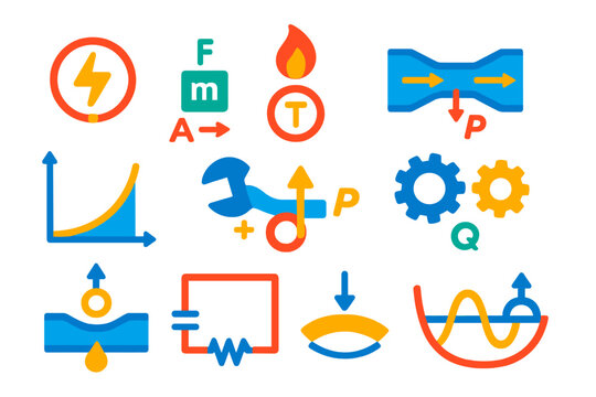 Engineering Icons Set. Flat vector icons of engineering formulas and concepts: Ohm&rsquo;s law, Newton&rsquo;s laws, thermodynamics symbol,