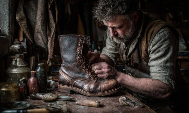 A cobbler meticulously repairs a work boot - Powered by Adobe