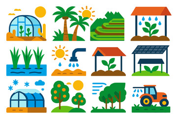Obraz premium Colorful Climate Agriculture Icons. Flat vector icons of agriculture in different climates: desert greenhouse, tropical plantation