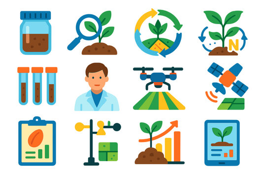 Agronomy Science Icons. Flat vector icons of agronomy science: soil sample jar, magnifying lens over plant, crop rotation chart,