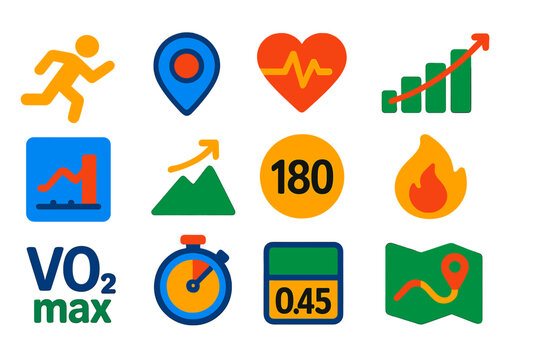 Minimalist Running Icons. Flat vector icons of running metrics: pace icon, distance meter, heart rate icon, stride length graph,