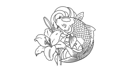 Koi fish with lily flower drawing, a symbol of luck and prosperity