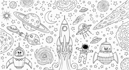 Hand drawn space elements seamless pattern for coloring book page