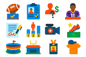 Football Elements Icons. чFlat vector icons of professional football elements: draft pick icon, scouting report, free agency icon,