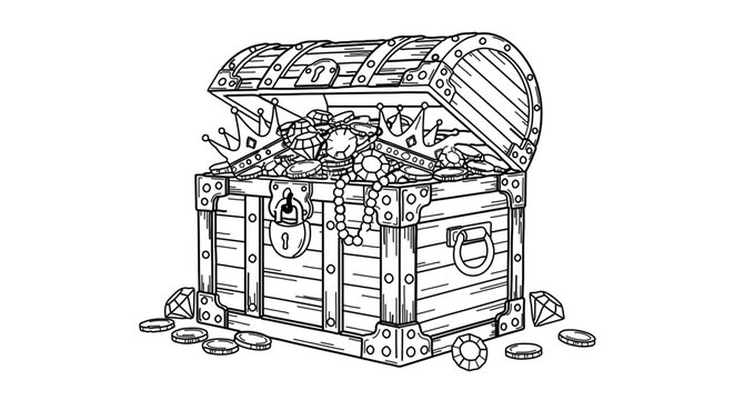 recommend clip art: Intricate line art of a treasure chest, filled with coins, gems, and a crown