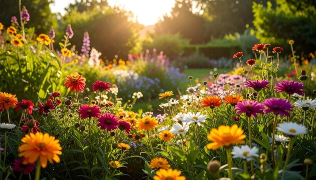 Lush sunlit garden bursting with colorful blooms, capturing the essence of nature's beauty
