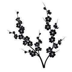 Naklejka premium Elegant black silhouette of cherry blossom branches with delicate flowers for artistic design and spring themes