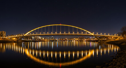 Naklejka premium An eye-level shot of a beautifully lit arch bridge, its lights mirroring on the calm water below under the night sky, evokes feelings of calm, wonder, and journey.