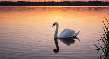 Fototapeta premium A majestic swan glides serenely across a tranquil lake, its reflection mirroring in the calm water, painted with the soft hues of a beautiful sunrise.