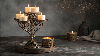 Ornate candelabra with lit candles and decorative vase candle holder candlestick