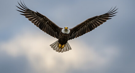 Naklejka premium An American bald eagle soars through the sky, its powerful wings outstretched in a breathtaking display of grace and freedom. Capture the majestic essence of this iconic bird of prey.
