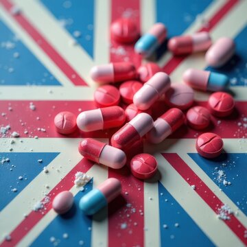 British Healthcare: Pills and Medicine on the UK Flag. 