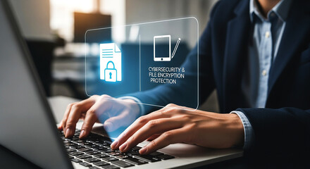 Person typing on laptop with cybersecurity and file encryption protection overlay graphic displayed on transparent background