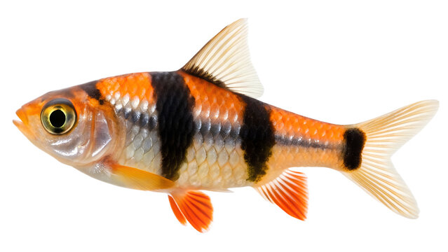 A clown rasbora with orange and black stripes, isolated on a transparent background