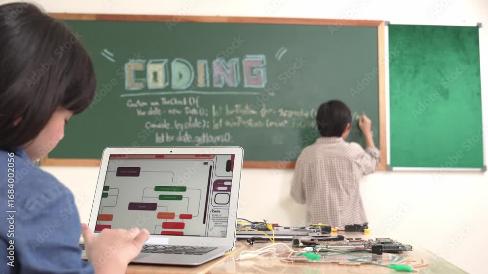 Poster girl writing engineering prompt by using ai software or programing system to generate ai on table wi
