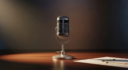 Classic old style microphone stands on a polished wooden surface with a sheet of music illuminated by a soft dramatic light, creating an elegant timeless atmosphere for melody and song.