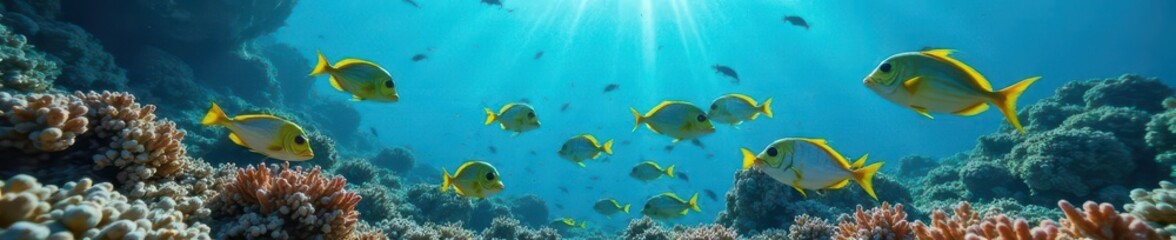 Schools of Yellow and Blueback Fusiliers swimming together in a coral reef, yellow, marine life