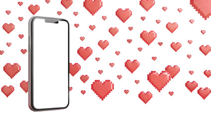 a smartphone with a black frame, displaying a blank white screen. The background is filled with red, pixelated hearts of varying sizes, creating a playful, digital Valentine's Day theme