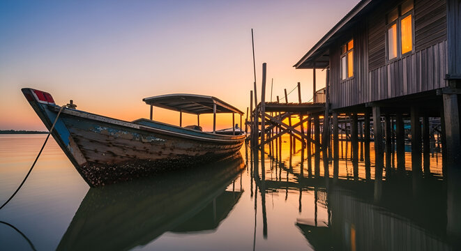 Serene sunset over stilt houses and a weathered fishing boat gently resting on calm waters.
