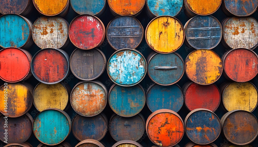 Poster the image shows many round barrels stacked neatly, each with a different color of chipped and peelin