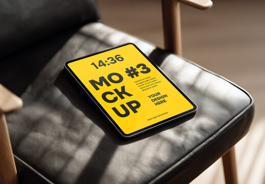 iPad on black chair mockup
