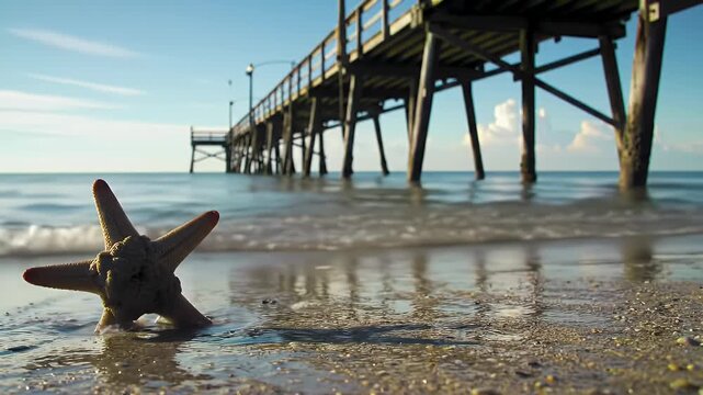 Detailed Starfish on Sandy Beach with Gentle Waves Lapping the Shore and a Wooden Pier Stretching into the Calm Blue Ocean Under a Clear Sky Perfect for Summer Vacation