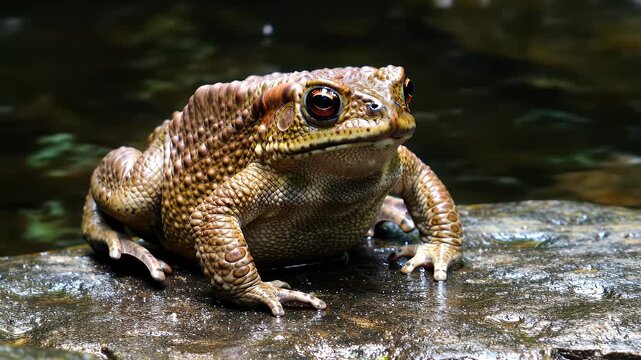 Close up of Warty Asian Common Toad Duttaphrynus Melanostictus with Golden Tan and Brown Skin Pattern Sitting on Rock At Eye Level Detailed Texture and Pattern in Bokeh Dark Background