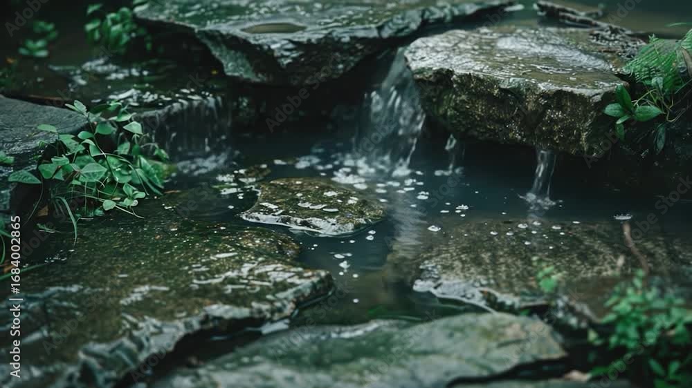 Poster a serene waterfall flows over rocks in a tranquil garden setting, suitable for use as a calming back