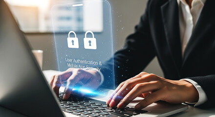 Person typing on laptop with security interface overlay displaying padlocks and user authentication text on transparent background