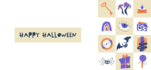 Halloween banner with spooky elements and large empty space for text. Includes icons like bat, spider, pumpkin candy, potion, and gift box. Perfect for invitations, flyers, and seasonal design